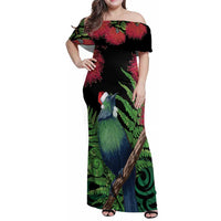 New Zealand Tui Bird Christmas Family Matching Off Shoulder Maxi Dress and Hawaiian Shirt Maori Fern Mix Pohotukawa LT14 Mom's Dress Black - Polynesian Pride