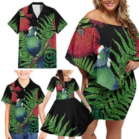 New Zealand Tui Bird Christmas Family Matching Off Shoulder Short Dress and Hawaiian Shirt Maori Fern Mix Pohotukawa LT14 - Polynesian Pride