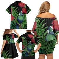New Zealand Tui Bird Christmas Family Matching Off Shoulder Short Dress and Hawaiian Shirt Maori Fern Mix Pohotukawa LT14 - Polynesian Pride