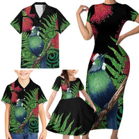 New Zealand Tui Bird Christmas Family Matching Short Sleeve Bodycon Dress and Hawaiian Shirt Maori Fern Mix Pohotukawa LT14 - Polynesian Pride