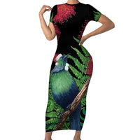New Zealand Tui Bird Christmas Family Matching Short Sleeve Bodycon Dress and Hawaiian Shirt Maori Fern Mix Pohotukawa LT14 Mom's Dress Black - Polynesian Pride
