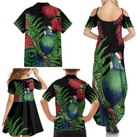New Zealand Tui Bird Christmas Family Matching Summer Maxi Dress and Hawaiian Shirt Maori Fern Mix Pohotukawa LT14 - Polynesian Pride