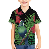 New Zealand Tui Bird Christmas Kid Hawaiian Shirt Maori Fern Mix Pohotukawa LT14 Kid Black - Polynesian Pride