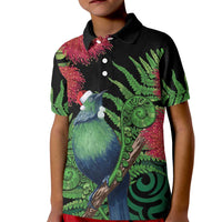 New Zealand Tui Bird Christmas Kid Polo Shirt Maori Fern Mix Pohotukawa LT14 Kid Black - Polynesian Pride