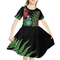 New Zealand Tui Bird Christmas Kid Short Sleeve Dress Maori Fern Mix Pohotukawa LT14 - Polynesian Pride