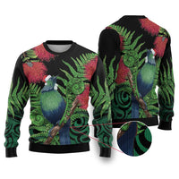 New Zealand Tui Bird Christmas Ugly Christmas Sweater Maori Fern Mix Pohotukawa LT14 Black - Polynesian Pride