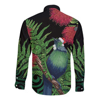 New Zealand Tui Bird Christmas Long Sleeve Button Shirt Maori Fern Mix Pohotukawa LT14 - Polynesian Pride