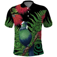 New Zealand Tui Bird Christmas Polo Shirt Maori Fern Mix Pohotukawa LT14 Black - Polynesian Pride