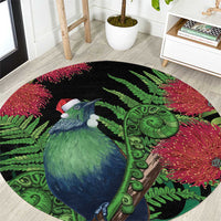 New Zealand Tui Bird Christmas Round Carpet Maori Fern Mix Pohotukawa LT14 Black - Polynesian Pride