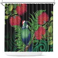 New Zealand Tui Bird Christmas Shower Curtain Maori Fern Mix Pohotukawa LT14 Black - Polynesian Pride