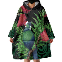 New Zealand Tui Bird Christmas Wearable Blanket Hoodie Maori Fern Mix Pohotukawa LT14 - Polynesian Pride
