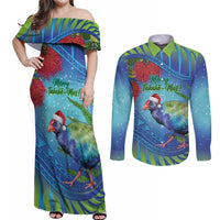 New Zealand Takahe Christmas Couples Matching Off Shoulder Maxi Dress and Long Sleeve Button Shirt Maori Fern Mix Pohotukawa LT14 Blue - Polynesian Pride