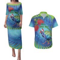 New Zealand Takahe Christmas Couples Matching Puletasi and Hawaiian Shirt Maori Fern Mix Pohotukawa LT14 Blue - Polynesian Pride