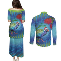 New Zealand Takahe Christmas Couples Matching Puletasi and Long Sleeve Button Shirt Maori Fern Mix Pohotukawa LT14 - Polynesian Pride