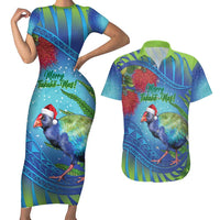 New Zealand Takahe Christmas Couples Matching Short Sleeve Bodycon Dress and Hawaiian Shirt Maori Fern Mix Pohotukawa LT14 Blue - Polynesian Pride