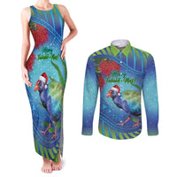 New Zealand Takahe Christmas Couples Matching Tank Maxi Dress and Long Sleeve Button Shirt Maori Fern Mix Pohotukawa LT14 Blue - Polynesian Pride