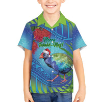 New Zealand Takahe Christmas Family Matching Off Shoulder Maxi Dress and Hawaiian Shirt Maori Fern Mix Pohotukawa LT14 Son's Shirt Blue - Polynesian Pride