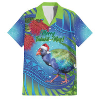 New Zealand Takahe Christmas Family Matching Short Sleeve Bodycon Dress and Hawaiian Shirt Maori Fern Mix Pohotukawa LT14 Dad's Shirt - Short Sleeve Blue - Polynesian Pride
