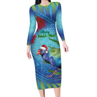 New Zealand Takahe Christmas Long Sleeve Bodycon Dress Maori Fern Mix Pohotukawa LT14 Long Dress Blue - Polynesian Pride