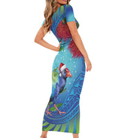 New Zealand Takahe Christmas Short Sleeve Bodycon Dress Maori Fern Mix Pohotukawa LT14 - Polynesian Pride