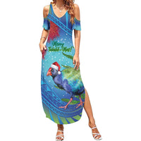 New Zealand Takahe Christmas Summer Maxi Dress Maori Fern Mix Pohotukawa LT14 Women Blue - Polynesian Pride