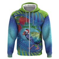 New Zealand Takahe Christmas Zip Hoodie Maori Fern Mix Pohotukawa LT14 Zip Hoodie Blue - Polynesian Pride