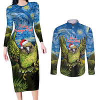 Personalised Jumping Kakapo Christmas Couples Matching Long Sleeve Bodycon Dress and Long Sleeve Button Shirt New Zealand Fern - Starry Night Style LT14 Green - Polynesian Pride