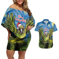 Personalised Jumping Kakapo Christmas Couples Matching Off Shoulder Short Dress and Hawaiian Shirt New Zealand Fern - Starry Night Style LT14 Green - Polynesian Pride