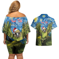 Personalised Jumping Kakapo Christmas Couples Matching Off Shoulder Short Dress and Hawaiian Shirt New Zealand Fern - Starry Night Style LT14 - Polynesian Pride