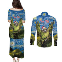 Personalised Jumping Kakapo Christmas Couples Matching Puletasi and Long Sleeve Button Shirt New Zealand Fern - Starry Night Style LT14 - Polynesian Pride
