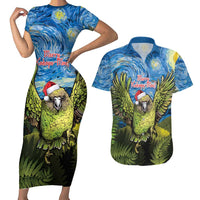Personalised Jumping Kakapo Christmas Couples Matching Short Sleeve Bodycon Dress and Hawaiian Shirt New Zealand Fern - Starry Night Style LT14 Green - Polynesian Pride