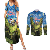 Personalised Jumping Kakapo Christmas Couples Matching Summer Maxi Dress and Long Sleeve Button Shirt New Zealand Fern - Starry Night Style LT14 Green - Polynesian Pride