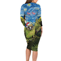 Personalised Jumping Kakapo Christmas Family Matching Long Sleeve Bodycon Dress and Hawaiian Shirt New Zealand Fern - Starry Night Style LT14 - Polynesian Pride