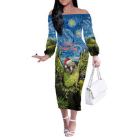 Personalised Jumping Kakapo Christmas Family Matching Off The Shoulder Long Sleeve Dress and Hawaiian Shirt New Zealand Fern - Starry Night Style LT14 Mom's Dress Green - Polynesian Pride