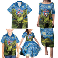 Personalised Jumping Kakapo Christmas Family Matching Puletasi and Hawaiian Shirt New Zealand Fern - Starry Night Style LT14 - Polynesian Pride