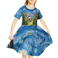 Personalised Jumping Kakapo Christmas Kid Short Sleeve Dress New Zealand Fern - Starry Night Style LT14 - Polynesian Pride
