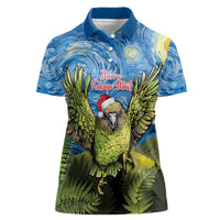 Personalised Jumping Kakapo Christmas Women Polo Shirt New Zealand Fern - Starry Night Style LT14 Female Green - Polynesian Pride