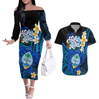 Hafa Adai Guam Couples Matching Off The Shoulder Long Sleeve Dress and Hawaiian Shirt Guahan Sea Turtle Tropical Style LT14 Blue - Polynesian Pride