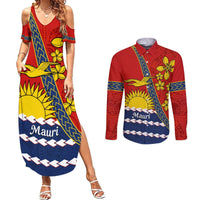 Personalised Mauri Kiribati Couples Matching Summer Maxi Dress and Long Sleeve Button Shirt Polynesian Ribaberiki Flag Style Mix Plumeria LT14 Red - Polynesian Pride