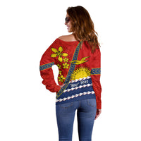 Personalised Mauri Kiribati Off Shoulder Sweater Polynesian Ribaberiki Flag Style Mix Plumeria LT14 - Polynesian Pride