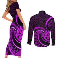 Purple Aotearoa Mangopare Couples Matching Short Sleeve Bodycon Dress and Long Sleeve Button Shirt NZ Maori Koru Style LT14 - Polynesian Pride