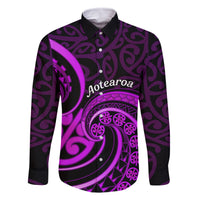 Purple Aotearoa Mangopare Family Matching Off Shoulder Maxi Dress and Hawaiian Shirt NZ Maori Koru Style LT14 Dad's Shirt - Long Sleeve Purple - Polynesian Pride