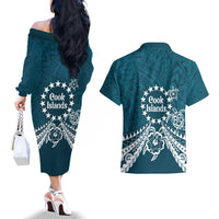 Kia Orana Cook Islands Couples Matching Off The Shoulder Long Sleeve Dress and Hawaiian Shirt Polynesian Turtle Crowberry Blue Color LT14 - Polynesian Pride