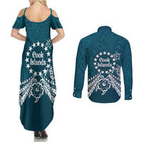 Kia Orana Cook Islands Couples Matching Summer Maxi Dress and Long Sleeve Button Shirt Polynesian Turtle Crowberry Blue Color