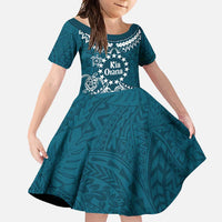 Kia Orana Cook Islands Family Matching Short Sleeve Bodycon Dress and Hawaiian Shirt Polynesian Turtle Crowberry Blue Color