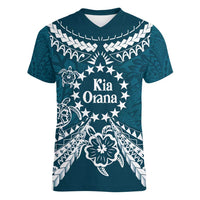 Kia Orana Cook Islands Women V-Neck T-Shirt Polynesian Turtle Crowberry Blue Color