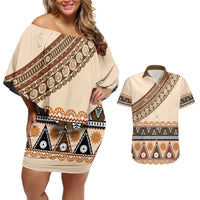 Bula Fiji Couples Matching Off Shoulder Short Dress and Hawaiian Shirt 2025 Pasifika Traditional Fijian Masi LT14 Beige - Polynesian Pride