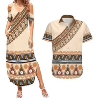 Bula Fiji Couples Matching Summer Maxi Dress and Hawaiian Shirt 2025 Pasifika Traditional Fijian Masi LT14 Beige - Polynesian Pride