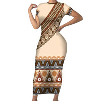 Bula Fiji Family Matching Short Sleeve Bodycon Dress and Hawaiian Shirt 2025 Pasifika Traditional Fijian Masi LT14 Mom's Dress Beige - Polynesian Pride