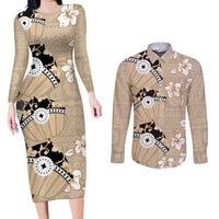Bula Fiji Iri Buli Couples Matching Long Sleeve Bodycon Dress and Long Sleeve Button Shirt Woven Fan With Fijian Tapa LT14 Beige - Polynesian Pride
